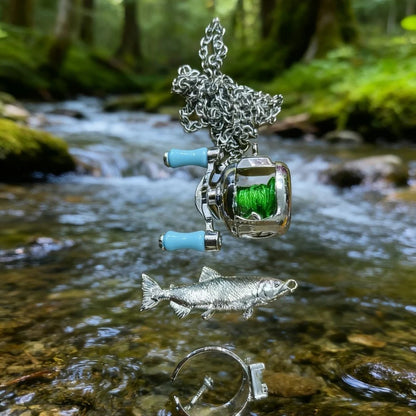 Miniature "Spinning" Fishing Reel Necklace & Ring
