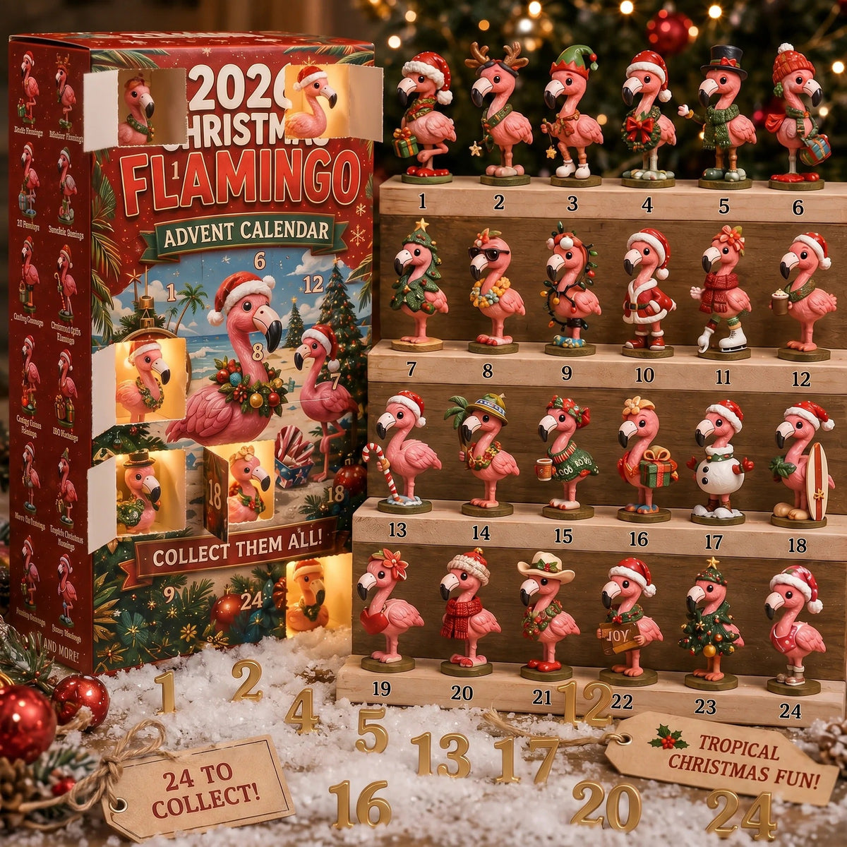 Assorted festive flamingo figurines with different Christmas designs