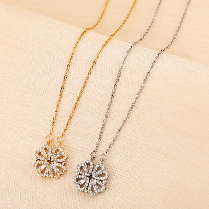 ✨ Magnetic Four-Leaf Clover Heart Necklace — 4 Hearts, 1 Lucky Clover