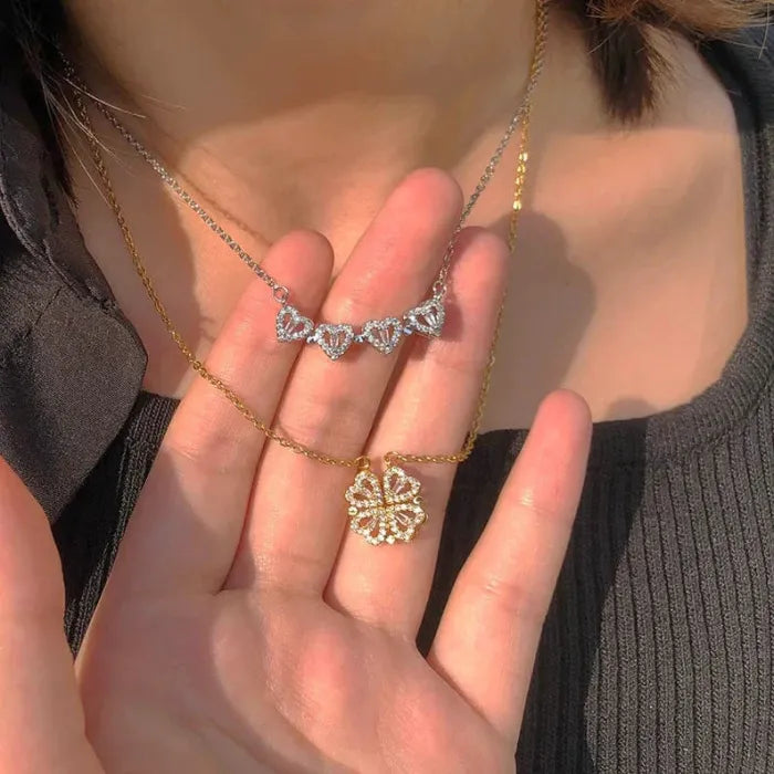 ✨ Magnetic Four-Leaf Clover Heart Necklace — 4 Hearts, 1 Lucky Clover