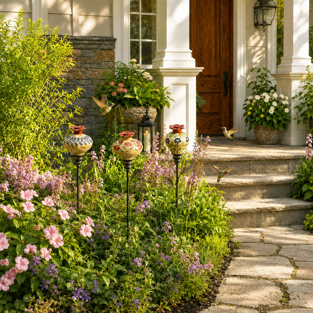 Three ceramic hummingbird feeder stakes beside a garden path