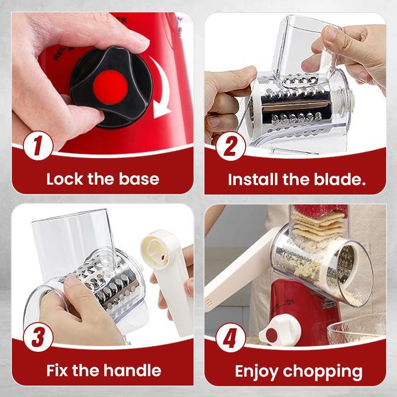 Step-by-step guide showing how to assemble and use a red rotary cheese grater from clarioy.