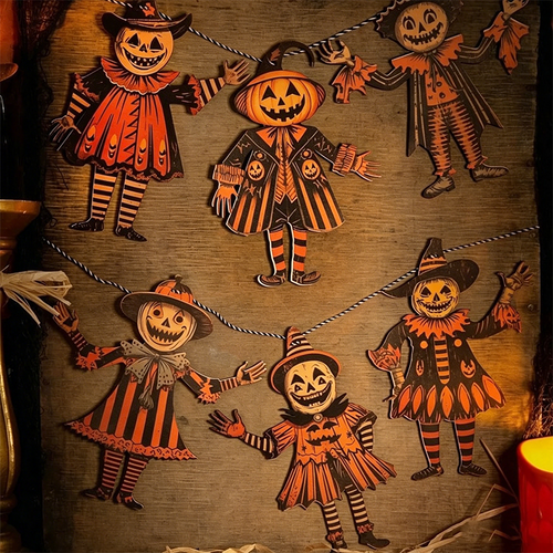 🎃 Vintage Halloween Pumpkin Character Garland – Retro Spooky Hanging Decor 👻