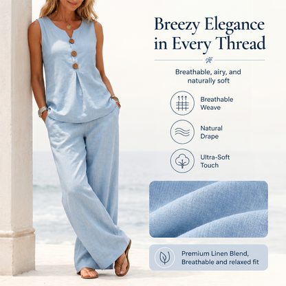 💚Elegant Linen Two-Piece Outfit – Button Vest & Loose-Fit Pants Set