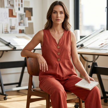 💚Elegant Linen Two-Piece Outfit – Button Vest & Loose-Fit Pants Set