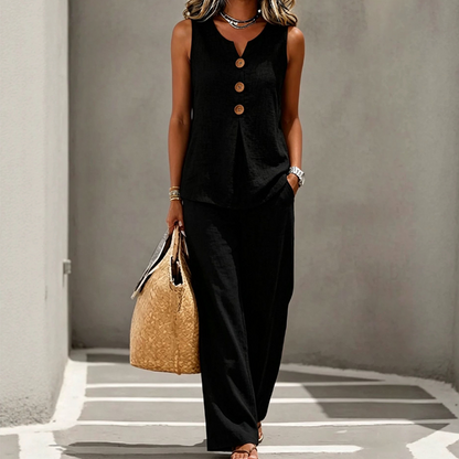 💚Elegant Linen Two-Piece Outfit – Button Vest & Loose-Fit Pants Set