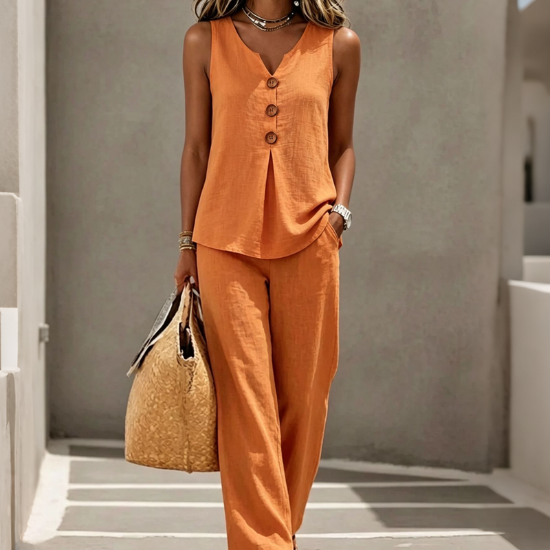 💚Elegant Linen Two-Piece Outfit – Button Vest & Loose-Fit Pants Set