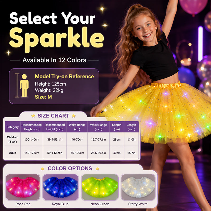 LED Light Up Sequin Tutu Skirt Star Mesh Princess Skirt for Girls and Adults