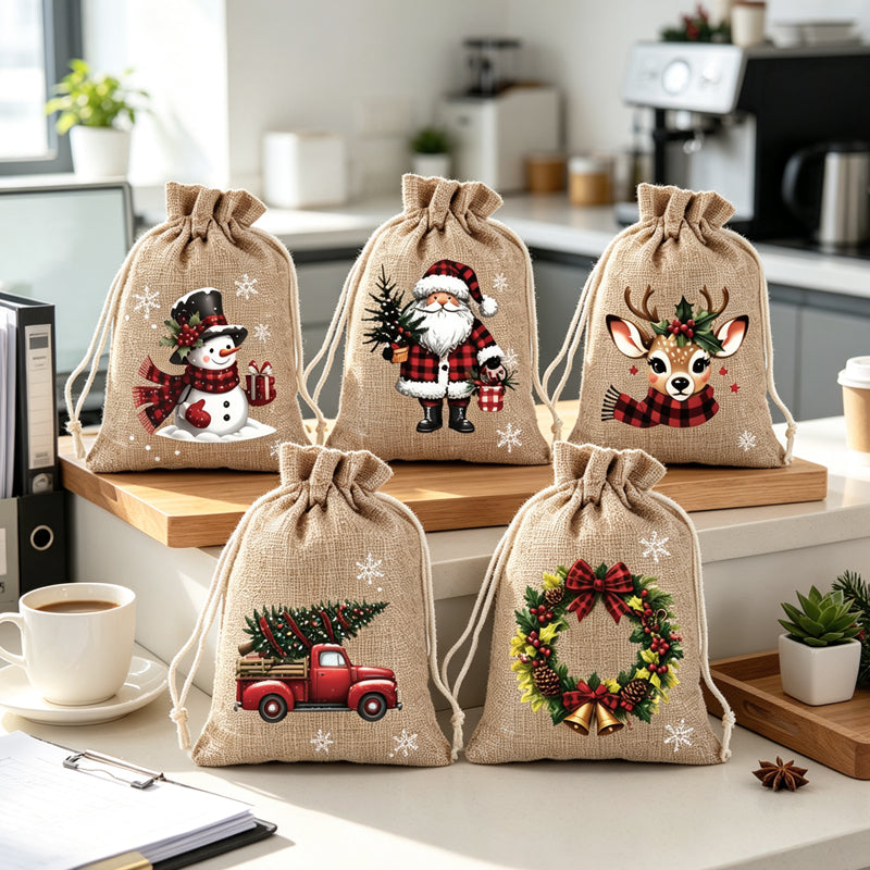 Christmas Drawstring Gift Bags – Festive Santa & Reindeer Prints, Double Drawstring Closure & Durable Fabric – Holiday Cheer in Every Gift ✨