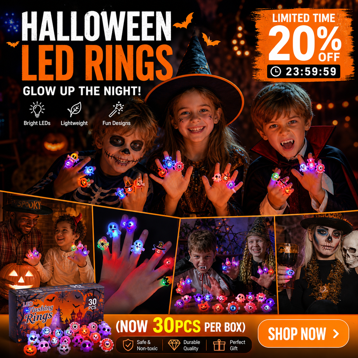 🔥🎃50 Pieces Each Box‼️✨LED Light Halloween Glowing Ring 💍| Flashing Light‑Up Party Favor for Halloween Night👻